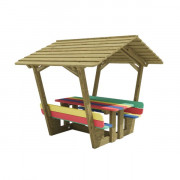 Table pique-nique en bois avec toit Korrejou pour enfants - Modèle maternelle ou élémentaire - L. 1500 à 1700 x l.1722 à 2012 x H.1460 à 1760 mm - Coloris au choix