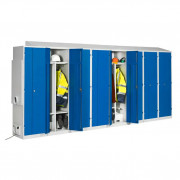 Vestiaire séchant chauffant an acier - Double porte battante - Support chaussures - 4 à 12 personnes - L. 2470 à 7270 x P. 500 x H. 2030 - 2500W - Gris et bleu