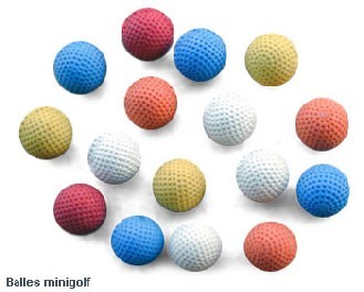 Balles pour minigolf - Couleurs : bleu - blanc - rouge - orange - jaune.