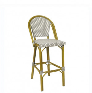 Chaise de bar pour terrasse - Dimensions du tabouret : P 60 x L 50 x H 116 cm - Structure aluminium - Assise et dossier : polyrotin noir et crème