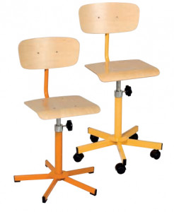 Chaise scolaire informatique réglable par vérins à gaz - Assise réglable de 42 à 60 cm - Assise et dossier en hêtre - sur patins ou roulettes  