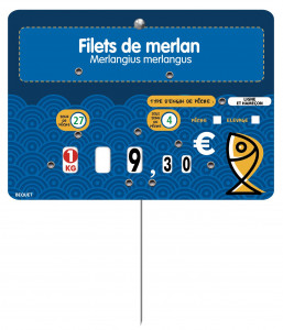 Étiquette de prix à roulettes pour poissonnerie - Format : 14 x 10 cm - Avec roulettes - Pique inox ou Patte PVC cristal - Neutre ou avec texte
