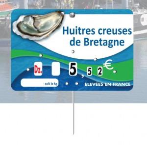 Etiquette poissonnerie huîtres - Format : 15 x 10 cm -  4 roulettes prix - Pique inox - Neutre ou avec texte