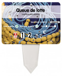 Etiquette prix poissonnerie avec roulettes - Format : 14 x 10 cm - Avec roulettes - Patte PVC cristal - Neutre ou avec texte