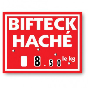 Pancarte « BIFTECK HACHE » à roulettes - Format : 20 x 15 cm - Impression sur PVC 75/100° - Fil nylon pour suspension