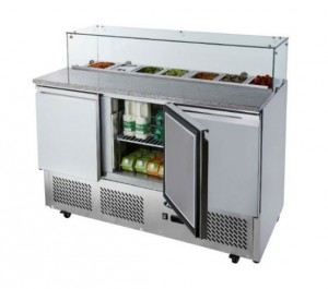 Table de préparation culinaire avec toit en verre - Capacité : 380 litres, température : +2°C/+8°C