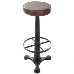 Tabouret de bar confortable en cuir  - Tabouret avec assise ronde en cuir et piètement en fer noir