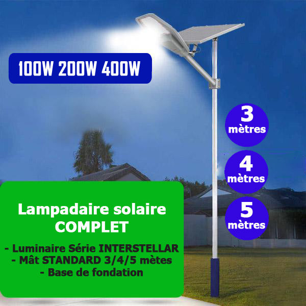 Lampadaire Solaire complet de 100W a 400W avec mât de 3m à 5m : Devis sur  Techni-Contact - PACK Lampadaire Solaire complet : Lampe de rue solaire  série INTERSTELLAR Rendu 100 /