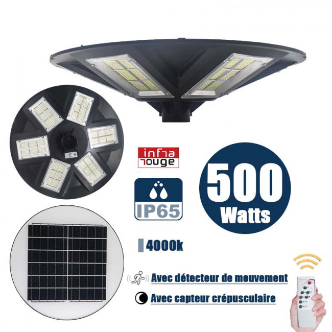Pack lampadaire solaire complet 5 mètres : Lampe solaire pour extérieur -  Série OVNI FUTUR V2 - 1500 Watts - 3200 Lumens - 6000k + Mât STANDARD 5