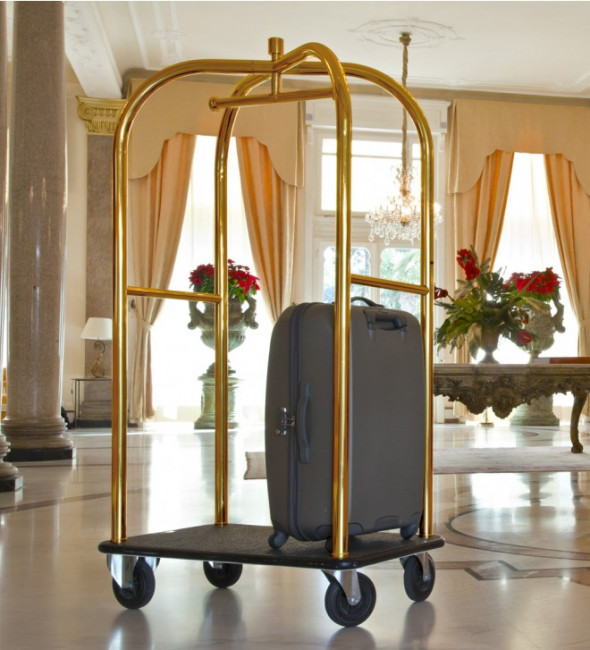 Chariot porte bagage hotel chrome tapis bleu
